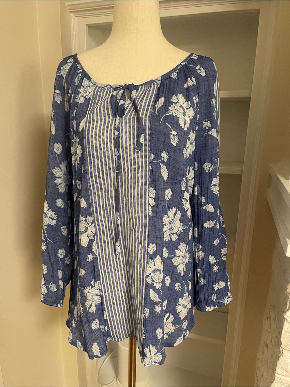 Fred David Blue Floral and Stripe Peasant Blouse